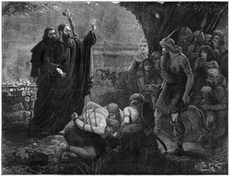 Chrześcijańscy misjonarze przerywający składanie ofiar z ludzi, 1878.