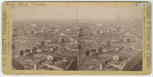 Stereograf przedstawiający widok na północny-północny zachód od Water Tower po pożarze Chicago w 1871, 1871 (zdjęcie czarno-białe na uchwycie karty)