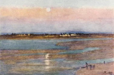 Wschód księżyca o zachodzie słońca, z La Croix Blanche, Mont St Michel (kolor lito)