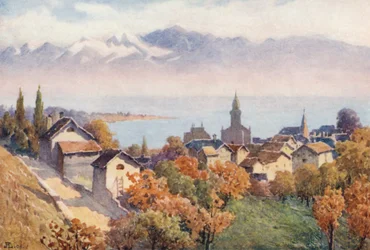 Morges i jezioro z drogi do Vufflens (kolorowa litografia)