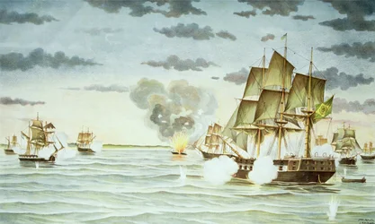 Bitwa pod Quilmes podczas wojny cisplatyńskiej (1825-28) między Urugwajem a Brazylią (rycina)