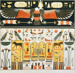 Mural z Grobowców Królów Teb, odkryty przez G. Belzoniego, tablica 2 z "Plates Illustrative of the Research in Egypt and Nubia", rytowany przez Charlesa Hullmandela (1789-1850) 1820-22) (oświetlony