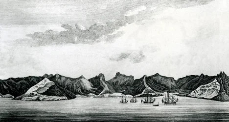 Widok na zatokę Cumberland Bay na wyspie Juan Fernandes, ok. 1745 (rycina)