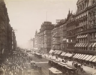 Widok State Street patrząc na północ od Madison Street, Chicago, 1890