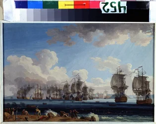 „Bitwa pod Chesmą w dniu 05.07.1770” (Bitwa morska pod Chesmą w dniu 5 lipca 1770 r.) Przeciwstawiała się flotom Rosji Katarzyny II i Imperium Osmańskiego Chios w Grecji (Rewolucja Orloffa lub Ekspedycja bracia Orloff). malowanie gwaszem