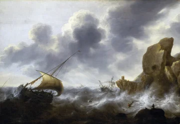 Łódź rybacka złapana przez sztorm w pobliżu skalistego wybrzeża, z wrakiem statku. Olej na płótnie autorstwa Jacoba Adriaensza Bellevois (1621-1675).