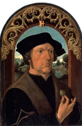 ""Portret mężczyzny"" (Portret mężczyzny) Portret mężczyzny holenderskiej burżuazji, trzymającego w dłoni srebrny klejnot. Obraz Jacoba Cornelisza van Oostsanena (około 1470-około 1533) Ermitaż w Petersburgu
