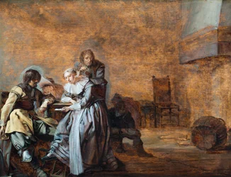 Wnętrze z kawalerzystami i kobietą przy kartach (olej na panelu)