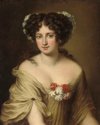 Portret Contessa Ortensia Ianni Stella, do biustu, w koszulce w kolorze kości słoniowej, z kwiatami we włosach