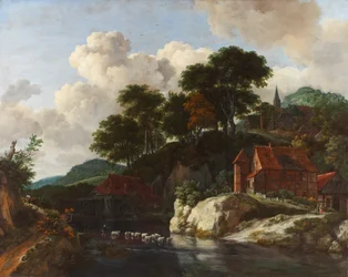 Pagórkowaty krajobraz z młynem wodnym, około 1670