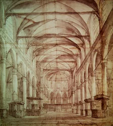 Widok wnętrza Oude Kerk (starego kościoła) w Amsterdamie (grafit i tusz na papierze)