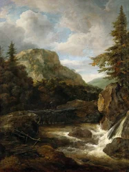 Krajobraz górski z wodospadem - Jacob Isaacksz van Ruisdael (1628/29-1682). Olej na płótnie, ok. 1675. Wymiar: 62,5x45,5 cm. Muzeum Historii Sztuki, Wiedeń