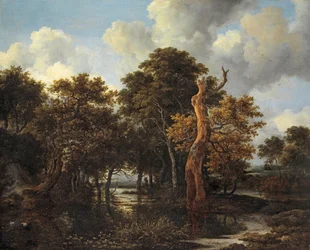 Drewniany pejzaż bagienny z martwym drzewem, ok. 1665