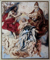 Koronacja Marii Panny przez Trójcę Świętą. XVII wiek. Wymiary: 0,46 x 0,38 m. Paryż, Musée du Louvre