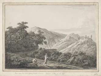Widok w pobliżu Młyna w kierunku Licenzy: po lewej Willa Horaces, 1783 (szary wash z piórem i czarnym tuszem na papierze)