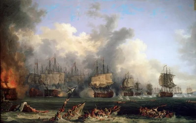 Zatonięcie rosyjskiego pancernika St. Evstafius w bitwie morskiej pod Chesmą, 1771.
