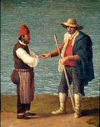 Pasterz i kupiec w porcie Monopoli, Apulia, Włochy (pasterz i kupiec w Monopoli). Jacob Philipp Hackert, zwany Hackert d