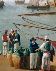Rybacy i sprzedawca oliwy z oliwek w Neapolu, Włochy (Rybacy i handlarze oliwą z oliwek w porcie w Neapolu). Neapol, Museo Nazionale di San Martino