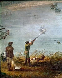 Polowanie na łyski Ferdynanda I z Obojga Sycylii (lub Ferdynanda IV z Neapolu) (1751-1825) na jeziorze Fusaro niedaleko Neapolu, Włochy (Ferdynand IV polujący na łyskę na jeziorze Fusaro) Szczegół - Obraz Jacoba Philippa Hackerta dit Hackert d
