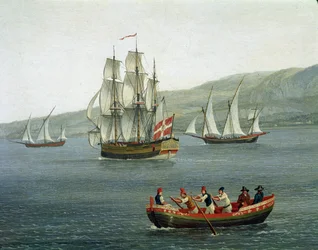 Widok statków w Cieśninie Mesyńskiej, Reggio Calabria, Włochy (statki w Cieśninie Mesyńskiej między Reggio Calabria a Sycylią), detal. Jacob Philipp Hackert, zwany Hackert d