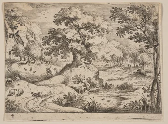 Ścieżka przez bagno: Pies pasterski i owce, od Landscapes