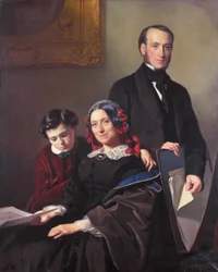 Pani A.J. Schmidt-Keiser, wdowa po malarzu Willemie Hendriku Schmidcie (1809-49), nauczycielu Jacoba Spoela, z bratem J.N. Keiserem i dziesięcioletnim synem.