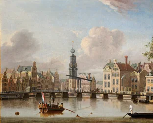Widok na Munt, Amsterdam z postaciami w łódkach i pływającymi w kanale (olej na płótnie)