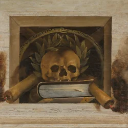 Martwa natura Vanitas z czaszką z wieńcem laurowym, książką i dwiema płonącymi świecami