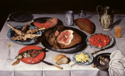 Martwa natura śniadaniowa z rybą, szynką i czereśniami, 1614