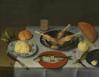 Śniadanie z chlebem, serem, rybą i piwem, ok. 1615