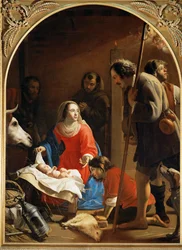 Adoracja pasterzy, w tle święty Franciszek z Asyżu (obraz na płótnie)