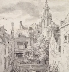 Widok na dziedziniec Domu Łuczników Cechu Św. Sebastiana przy Singel w Amsterdamie (ołówek i wash na papierze)