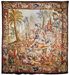 Gobelin z Ameryki, koniec XVII wieku (wełna; splot gobelinowy; naturalne barwniki, w tym
indygo)