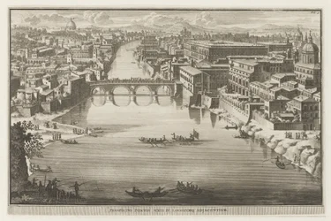 Widok na Rzym z Ponte Sisto nad rzeką Tyber Prospectus Pontis Sixti IV locorumq adjadentium (tytuł na obiekcie) Widoki Rzymu (tytuł serii) La Galerie agreable du mond (...) divisée en LXVI tomes... Cette partie comprend le Rome moderne