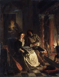 „Le Rendez vous” (Rendezvous) Scena uwodzenia, młoda dziewczyna zalotna przez dżentelmena, który wyznaje jej miłość przy kominku. Obraz Jacob Joseph Eckhout (1793-1861) 1852 Państwowe Muzeum Sztuki Republiki Białoruskiej, Mińsk, Białoruś