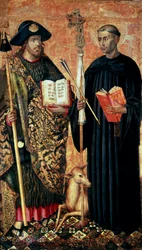 Św. Jakub z Composteli reprezentowany w pelerinie z laską, kapeluszem i muszlą. i pustelnik św Gilles (VII w.), ok.1450 (tempera i olej na desce)