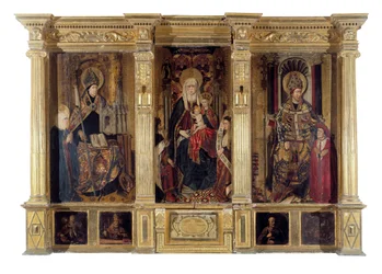 Ołtarz św. Ildefonso (zm. 667, biskup Tolede) i św. Augustyn z Hippony (ok. 354-430, berberyjski filozof i pisarz). Obraz Jaume Baco dit Jacomart (1410-1461). Olej na drewnie, ok. 1450, sztuka renesansu. Katedra Sainte Marie la Seu