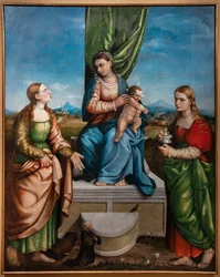 Madonna na tronie z Dzieciątkiem Jezus między świętymi Katarzyną i Marią Magdaleną, trzecia dekada XVI wieku (olej na płótnie)