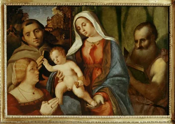 Sacra Conversazione: Madonna z Dzieciątkiem, Święty Antoni, Święty Hieronim i darczyńca ... (obraz na płótnie)