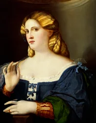 Kobieta z wachlarzem – Jacopo Nigretti znany jako Palma Starszy (1480-1528)