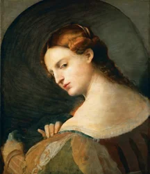 Portrait de jeune femme de profile - Portret młodej kobiety z profilu, autorstwa Palma il Vecchio, Jacopo, Starszego (1480-1528). Olej na drewnie, ok. 1520. Wymiar : 49x42,4 cm. Muzeum Historii Sztuki, Wiedeń