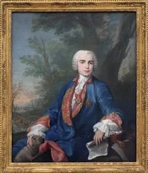 Kastrat sopranowy Carlo Broschi, zwany Farinellim (1705-1782). Śpiewak nosi medal Orderu Calatravy; na trzymanej w ręku partyturze widnieje kilka taktów opery Zenobia Gaetana Latilii.