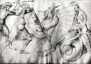 د جنګیالیو او ډریګون تر منځ جګړه، c.1450 (په ویلم کې رنګ) پولی