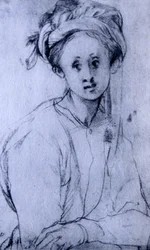 Rysunek kredą zatytułowany "Studium młodej dziewczyny" autorstwa Pontormo