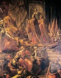 Ambasadorzy papieża i Wenecjan błagający Barbarossę o pokój na próżno, przez Jacopo Tintoretto (1519-1594) i jego warsztat, Wielka Sala Rady, Pałac Dożów, Wenecja. Włochy