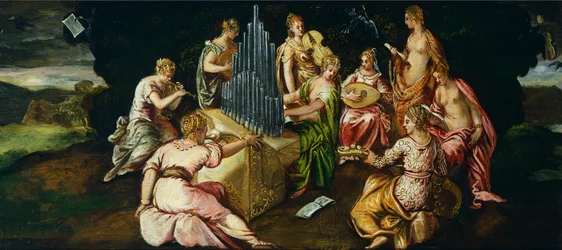 Konkurs Muz i Pierides, Jacopo Robusti znany jako Tintoretto (1519-1594), olej na desce, 46x91 cm