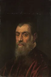 Portret brodatego mężczyzny, do biustu, w czerwonej sukni