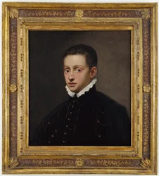 Portret chłopca w popiersiu, w czarnym kaftanie z białym kołnierzem