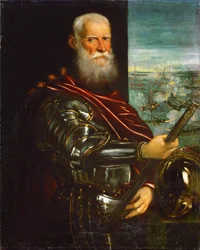 Sebastiano Venier (1496-1578), z bitwą pod Lepanto w tle - Jacopo Tintoretto (1518-1594). Olej na płótnie, po 1571. Wymiar: 104,5x83,5 cm. Muzeum Historii Sztuki, Wiedeń