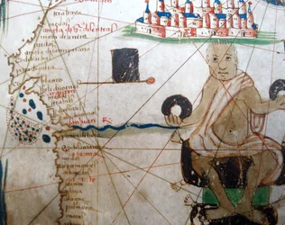 Szczegół przedstawiający afrykańskiego władcę z renesansowej mapy Europy, Jacopo Russo (po), 1528